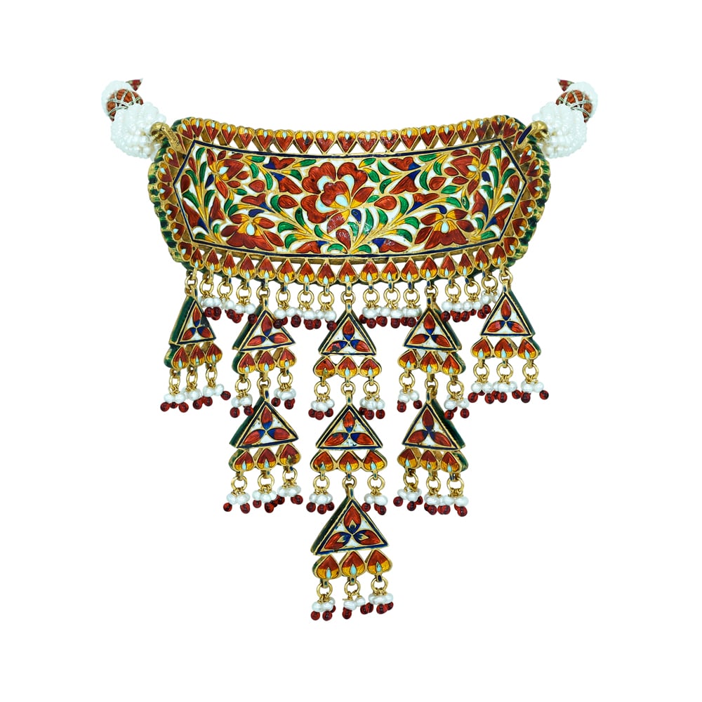 Polki Choker with Red Enamel, Triangular Motifs, and Pearl Drops